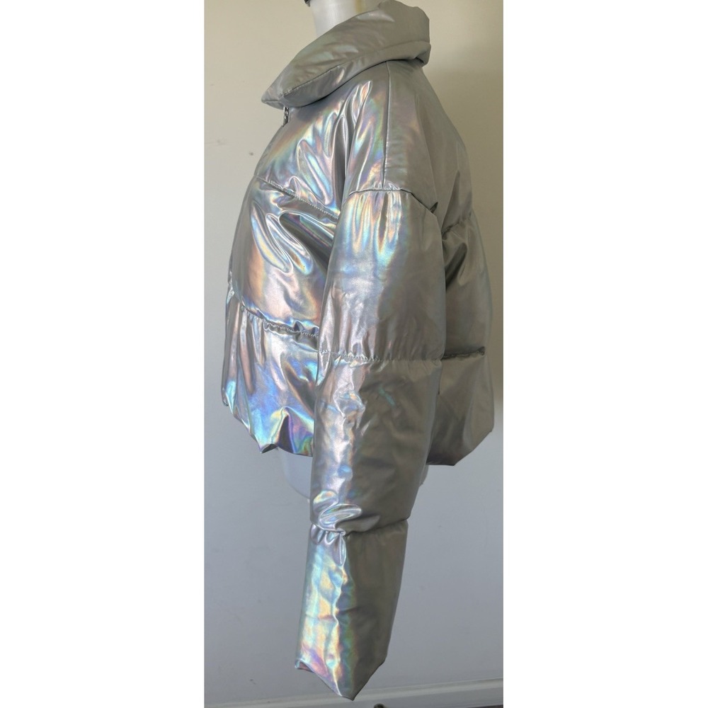 Azalea Wang Iradescent Holographic Cropped Puffer Jacket Full Zip Women's Large - Picture 5 of 10
